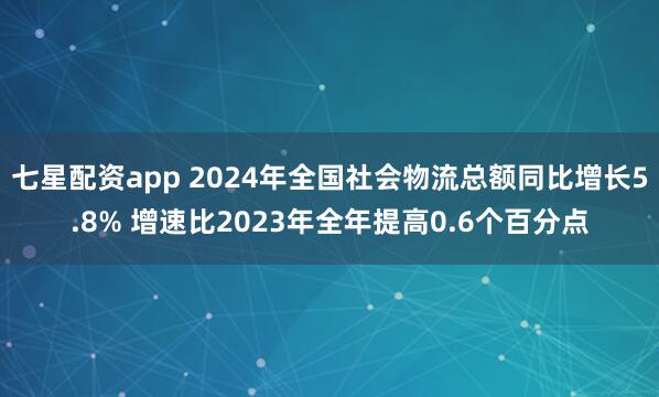 七星配资app 2024年全国社会物流总额同比增长5.8% 增速比2023年全年提高0.6个百分点